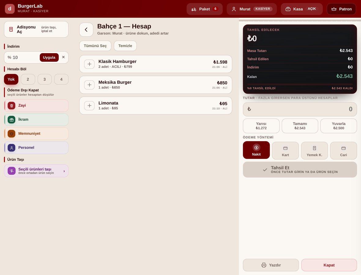 Hesap ekranı — bölme, indirim, ödeme yöntemi