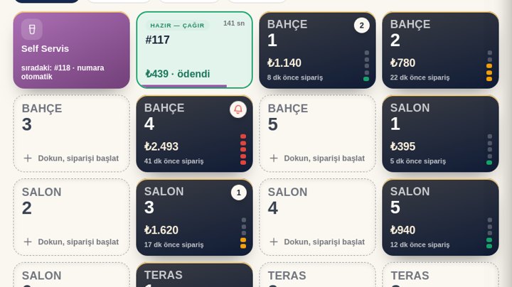Adisyon sistemi masalar ekranı